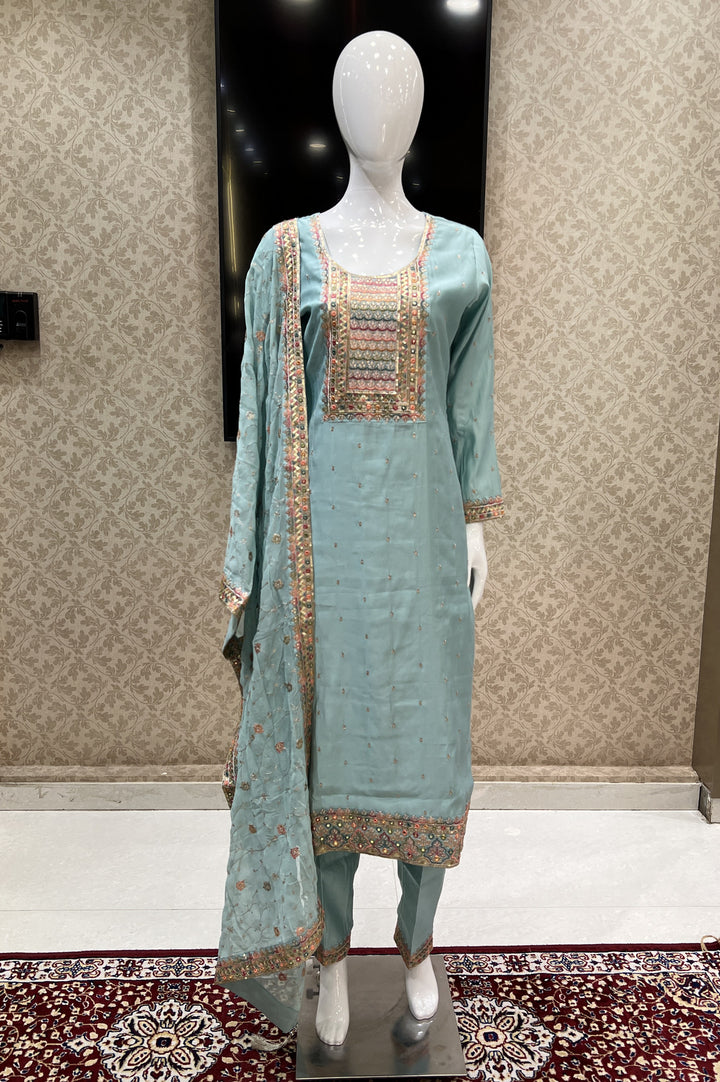 Sea Green Multicolor Thread, Sequins and Zari work Straight Cut Salwar Suit