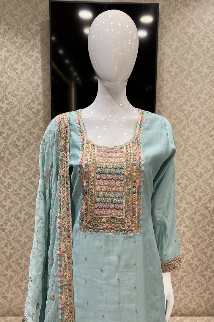 Sea Green Multicolor Thread, Sequins and Zari work Straight Cut Salwar Suit