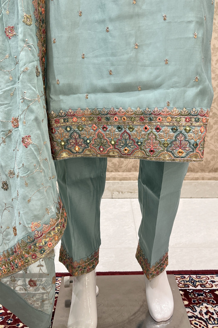 Sea Green Multicolor Thread, Sequins and Zari work Straight Cut Salwar Suit