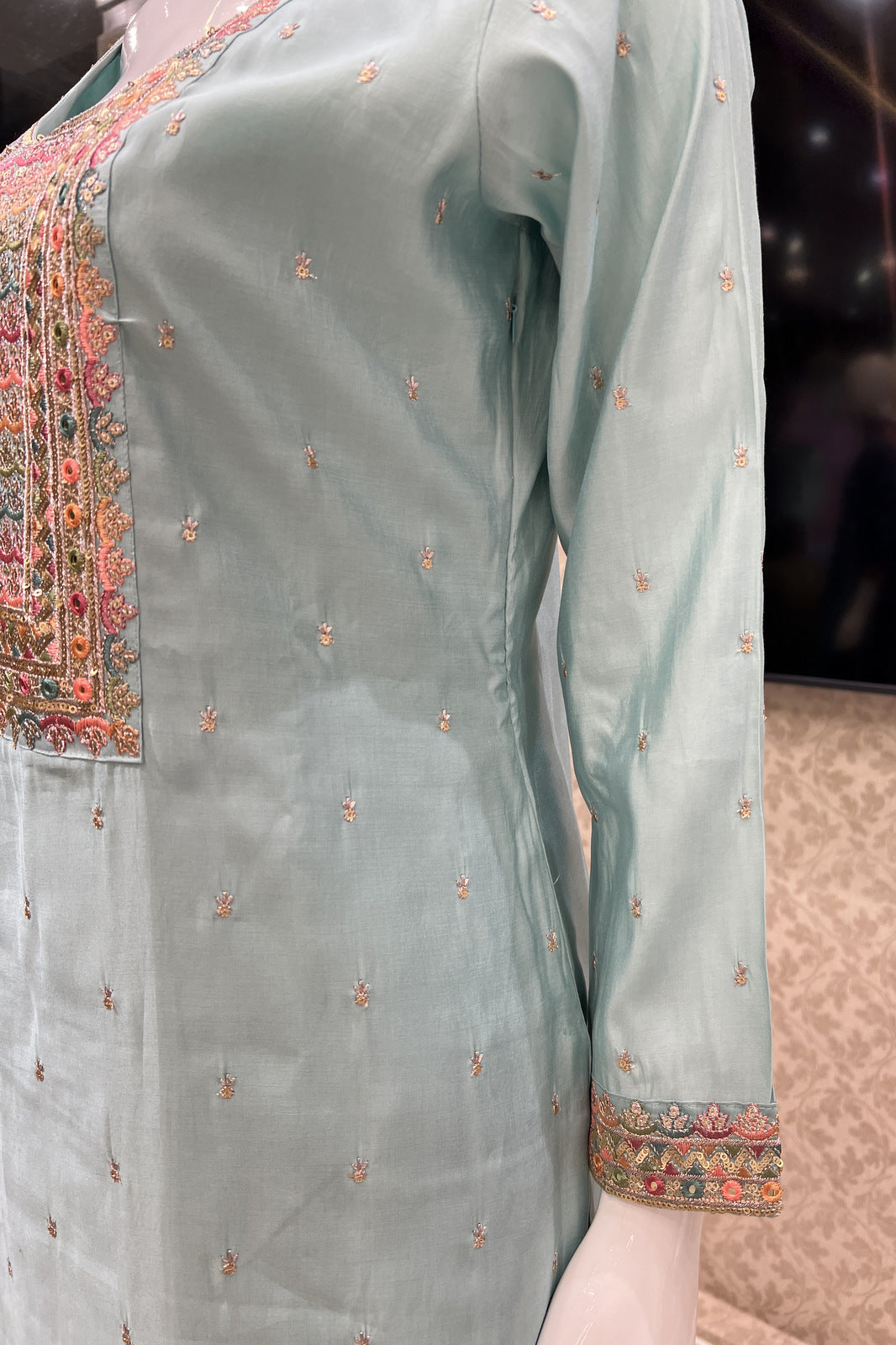 Sea Green Multicolor Thread, Sequins and Zari work Straight Cut Salwar Suit