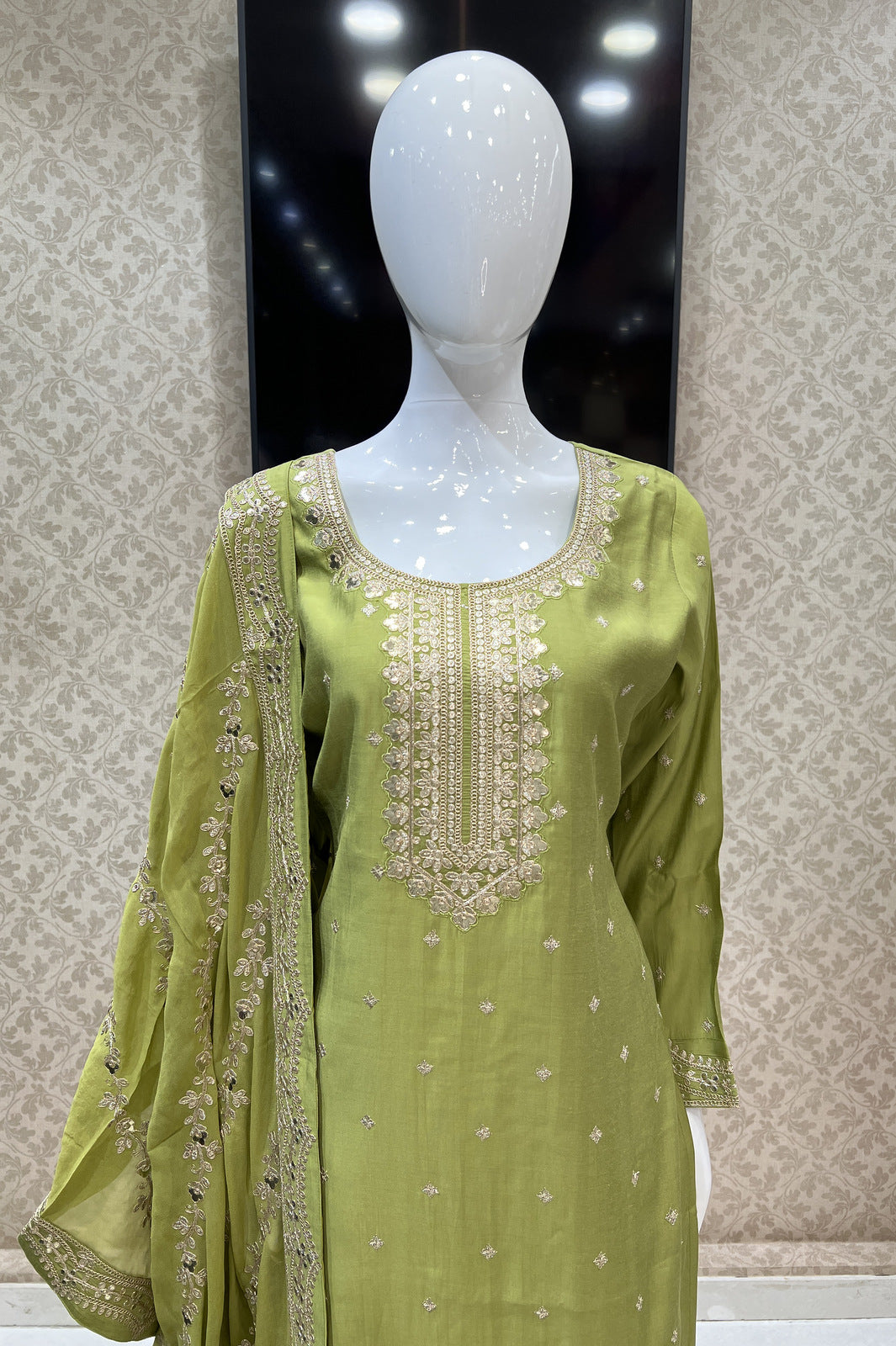 Parrot Green Sequins and Zari work Straight Cut Salwar Suit