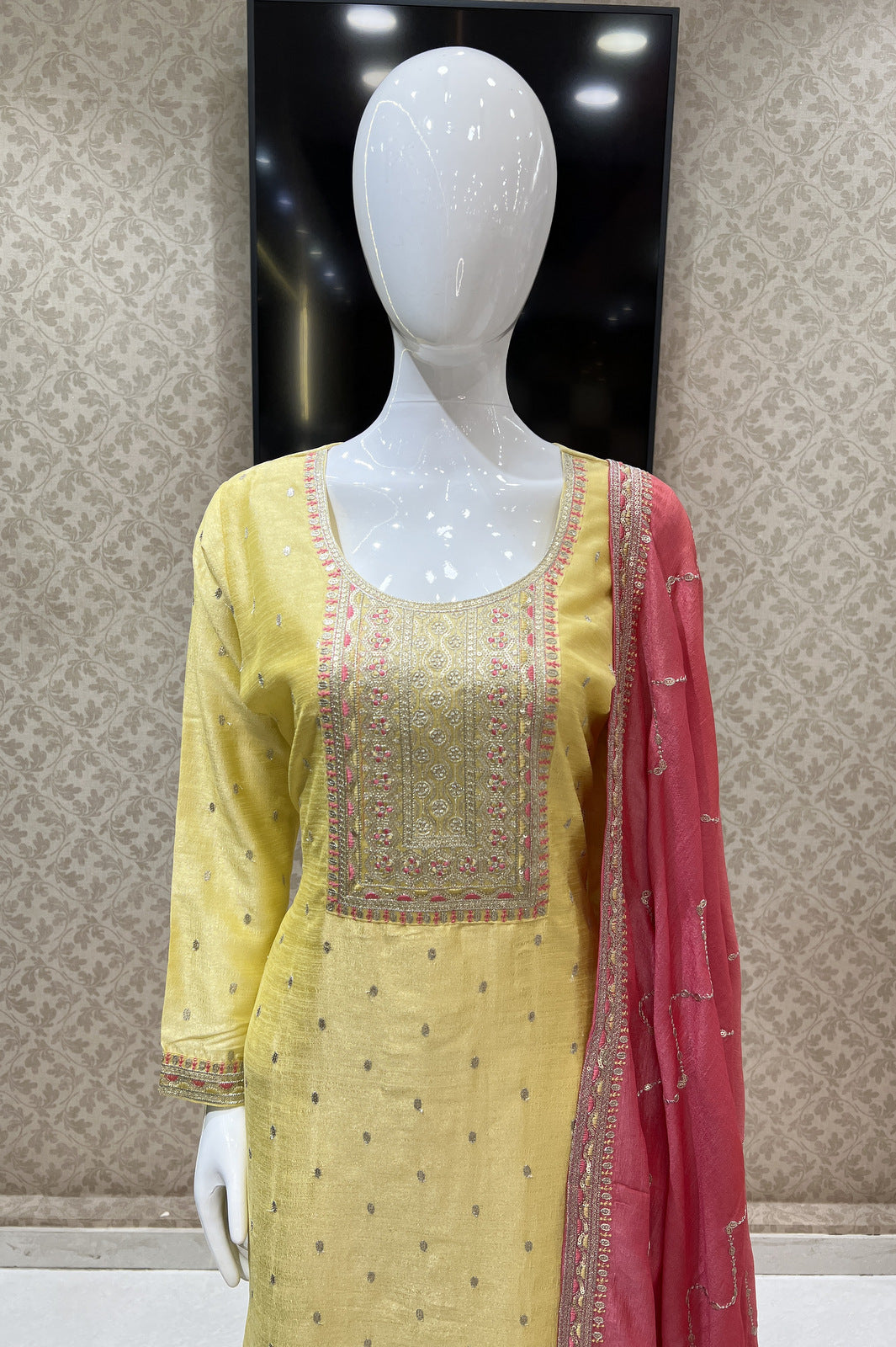 Yellow Thread, Zari and Sequins work Straight Cut Salwar Suit