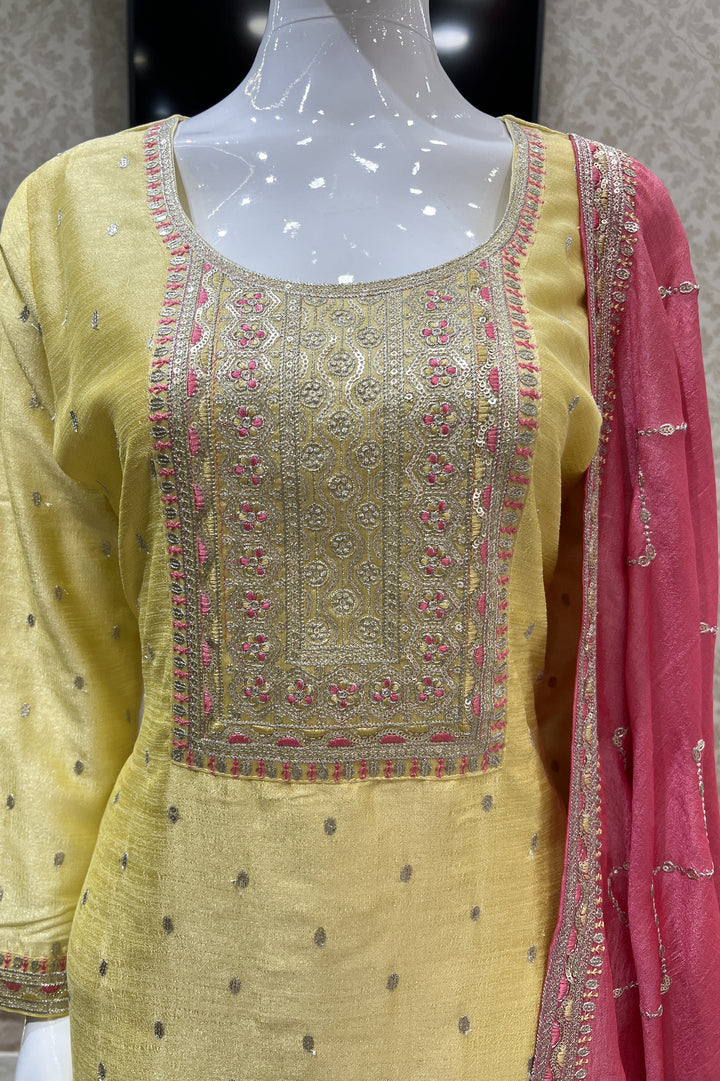 Yellow Thread, Zari and Sequins work Straight Cut Salwar Suit