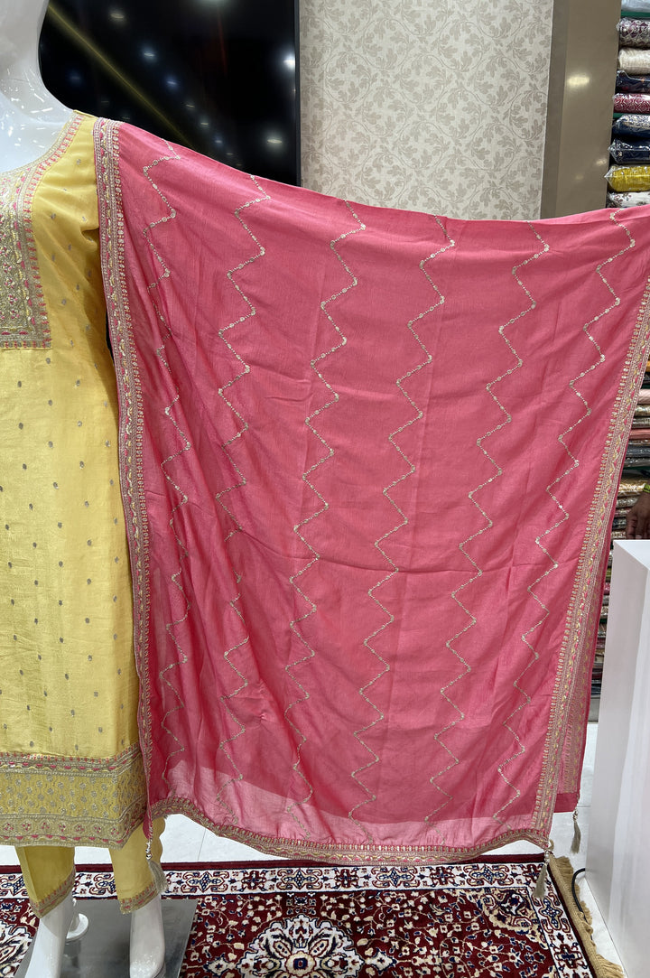 Yellow Thread, Zari and Sequins work Straight Cut Salwar Suit