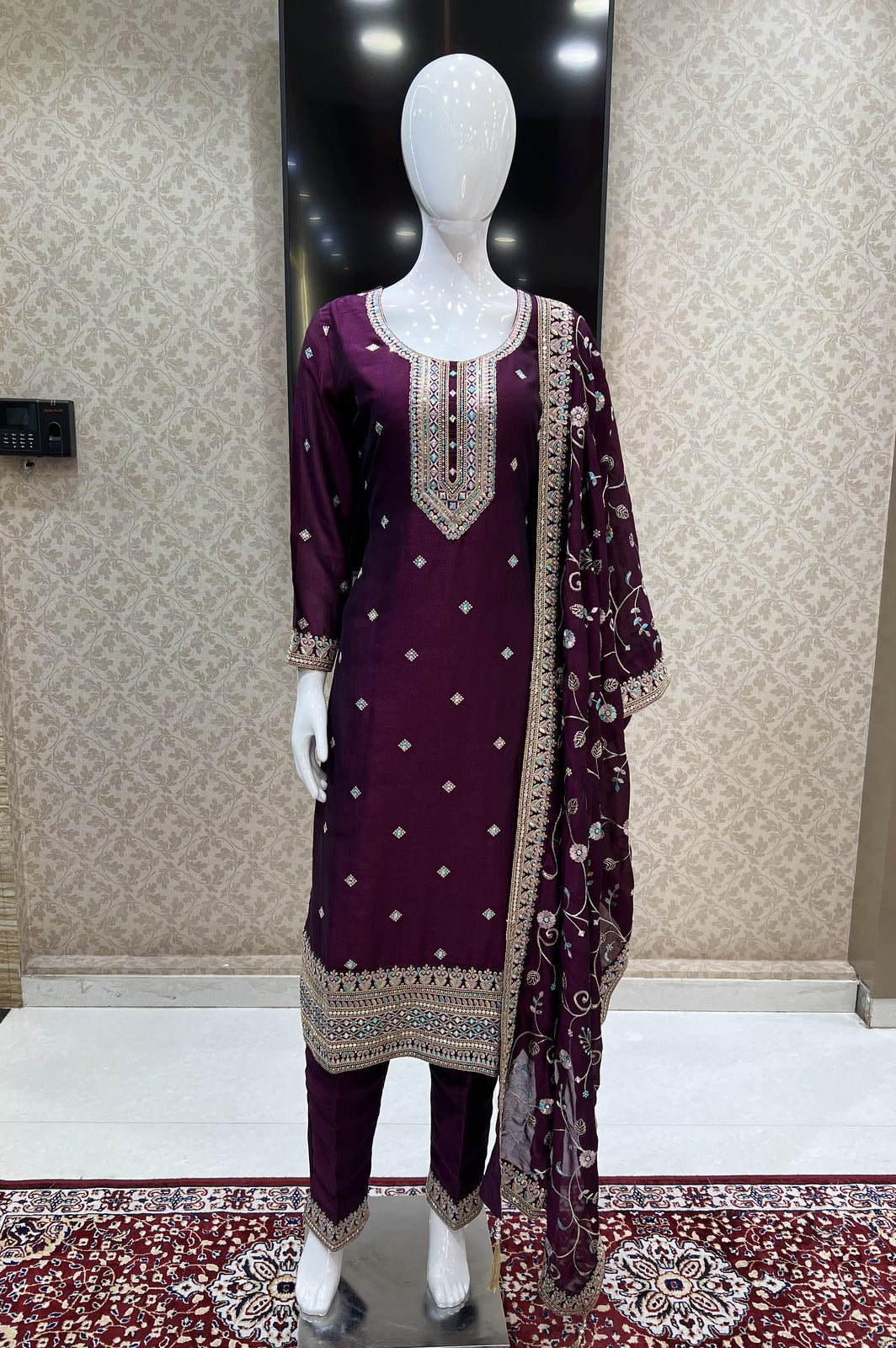 Wine Multicolor Thread, Sequins and Zari work Straight Cut Salwar Suit