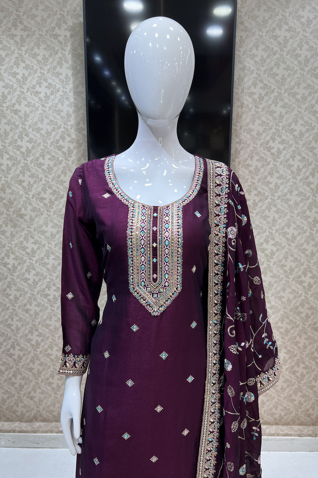 Wine Multicolor Thread, Sequins and Zari work Straight Cut Salwar Suit