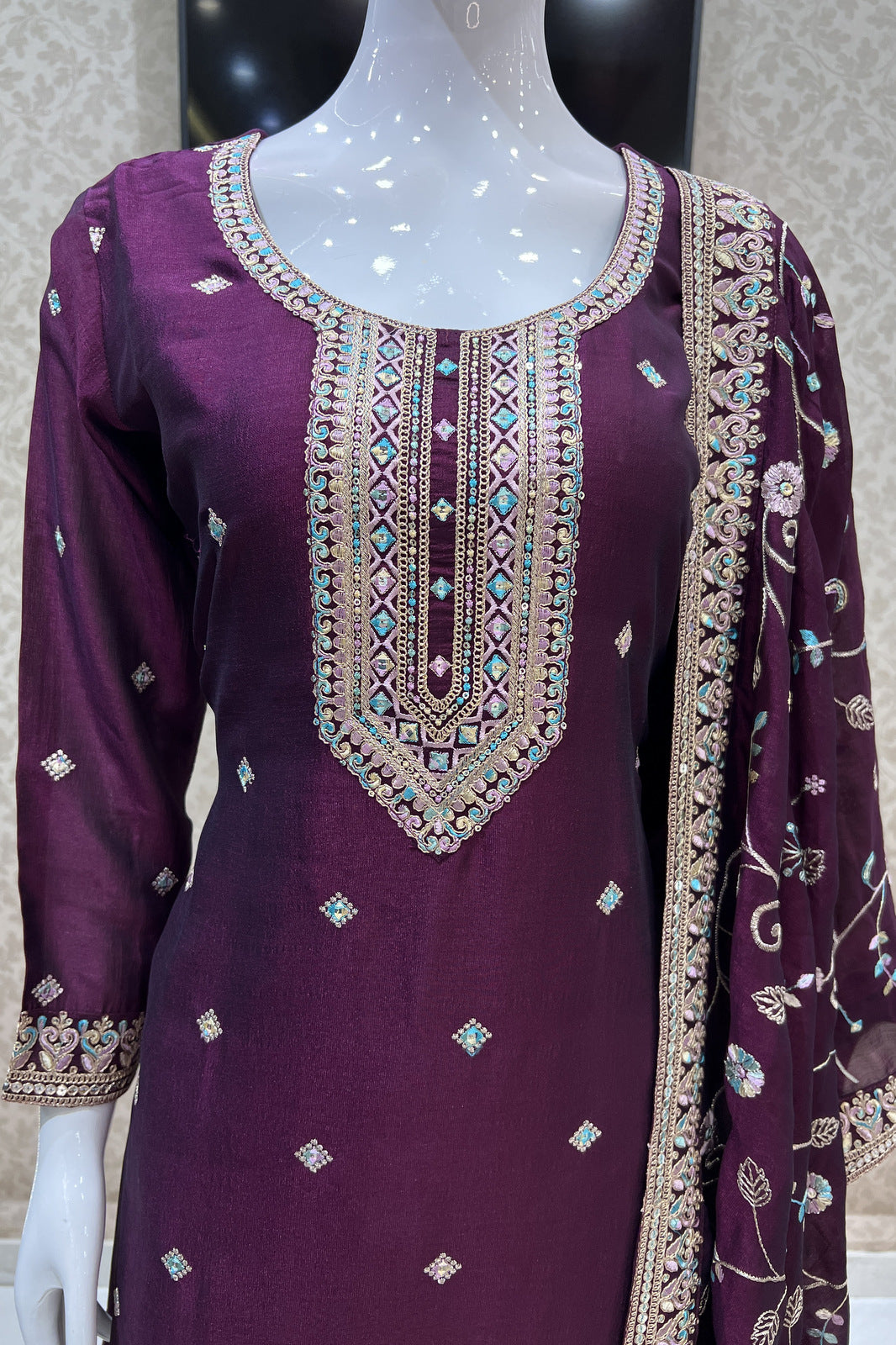 Wine Multicolor Thread, Sequins and Zari work Straight Cut Salwar Suit