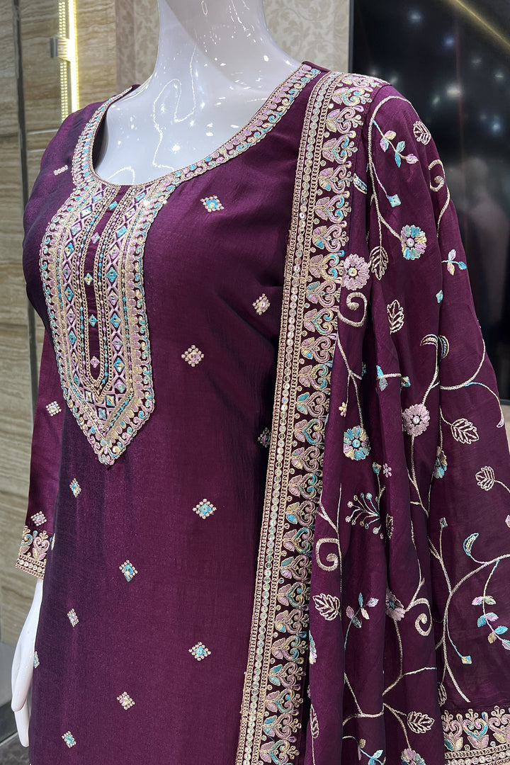 Wine Multicolor Thread, Sequins and Zari work Straight Cut Salwar Suit