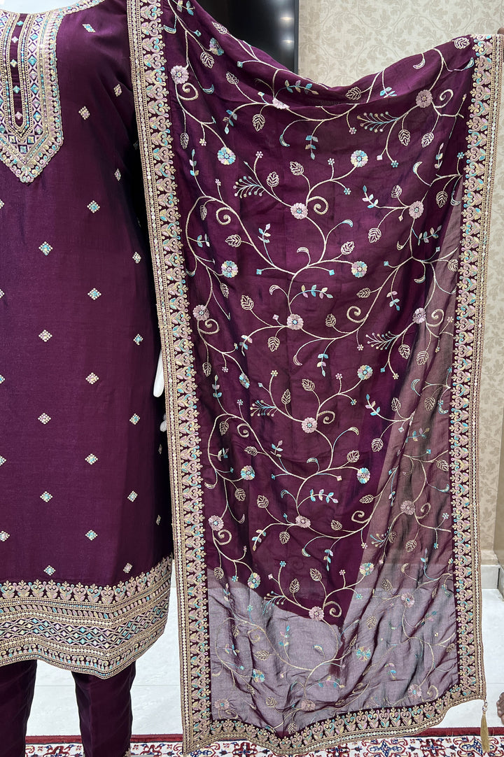 Wine Multicolor Thread, Sequins and Zari work Straight Cut Salwar Suit