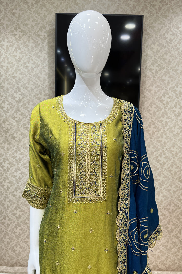 Olive Green Thread, Zari and Sequins work Straight Cut Salwar Suit