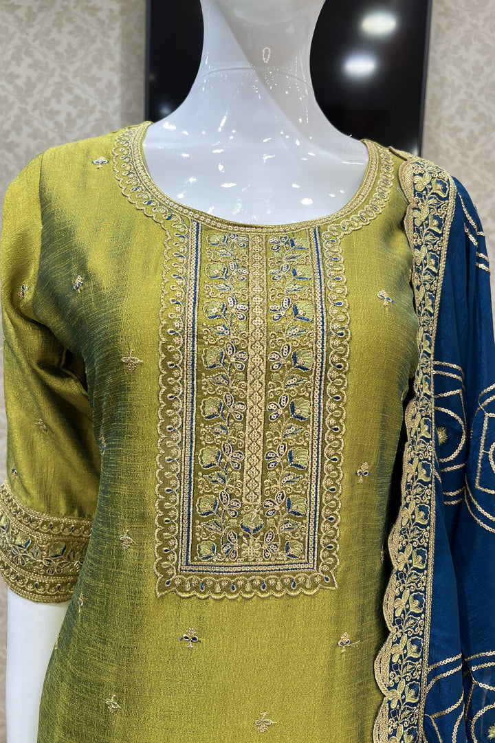 Olive Green Thread, Zari and Sequins work Straight Cut Salwar Suit