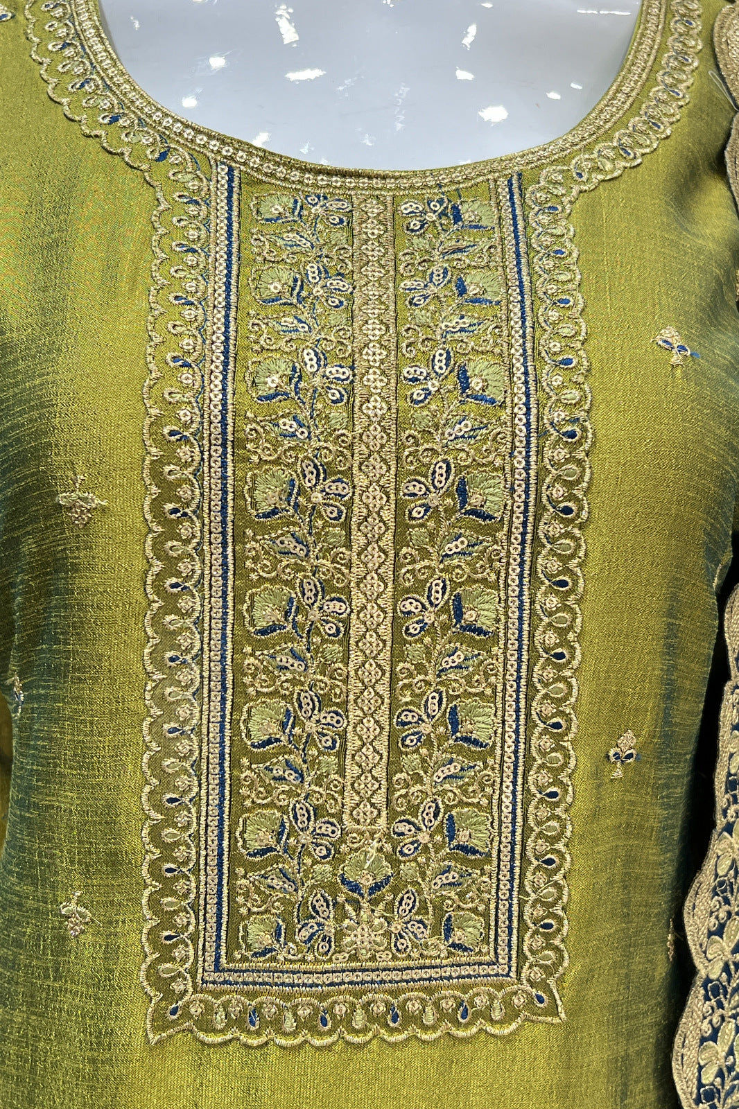 Olive Green Thread, Zari and Sequins work Straight Cut Salwar Suit