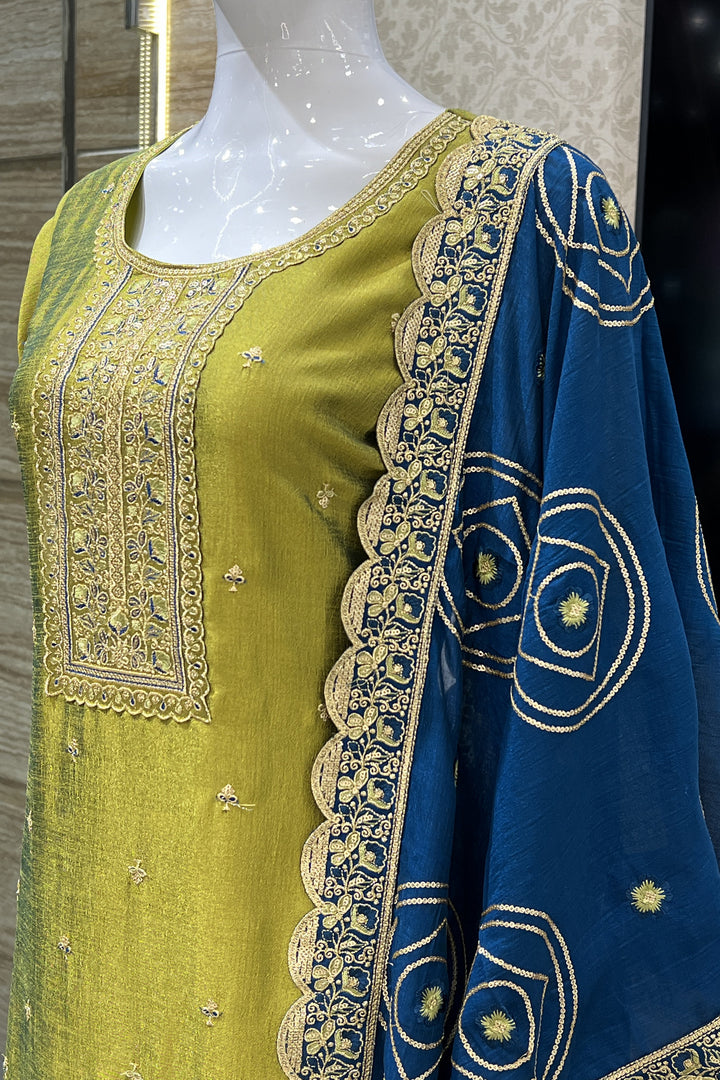 Olive Green Thread, Zari and Sequins work Straight Cut Salwar Suit