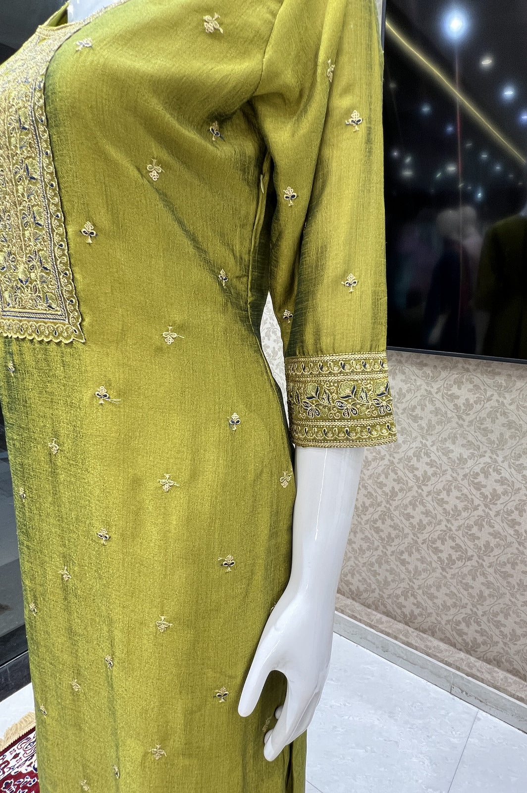 Olive Green Thread, Zari and Sequins work Straight Cut Salwar Suit