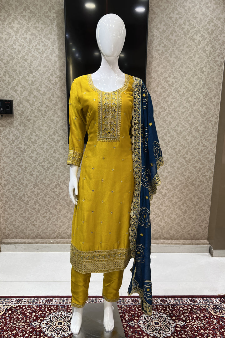 Yellow Thread, Zari and Sequins work Straight Cut Salwar Suit