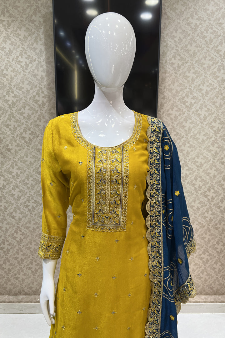 Yellow Thread, Zari and Sequins work Straight Cut Salwar Suit