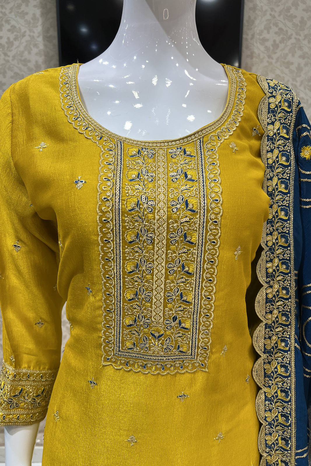 Yellow Thread, Zari and Sequins work Straight Cut Salwar Suit