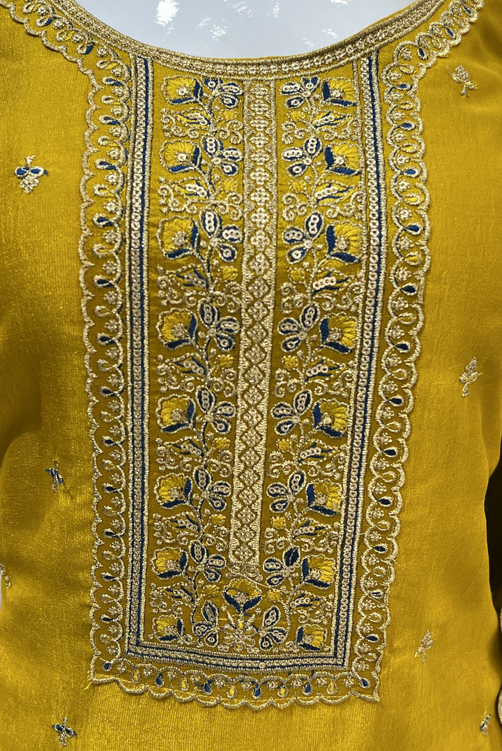 Yellow Thread, Zari and Sequins work Straight Cut Salwar Suit