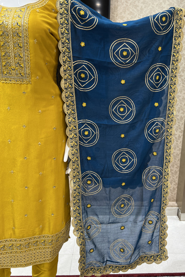 Yellow Thread, Zari and Sequins work Straight Cut Salwar Suit