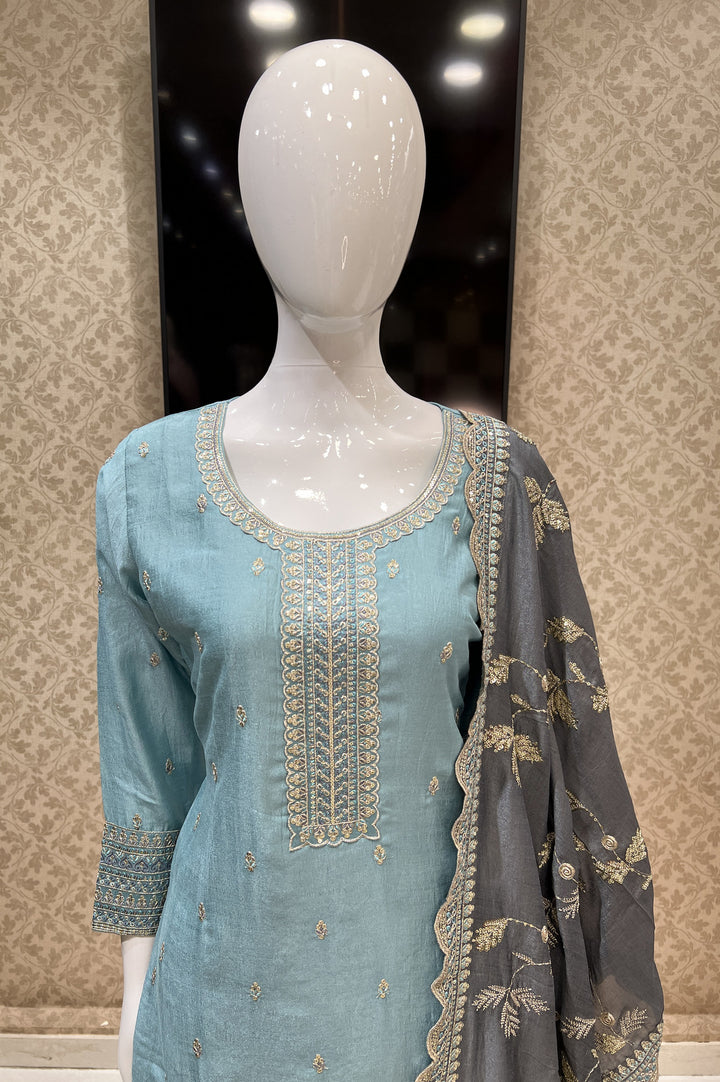 Sea Blue Sequins, Zari and Thread work Straight Cut Salwar Suit