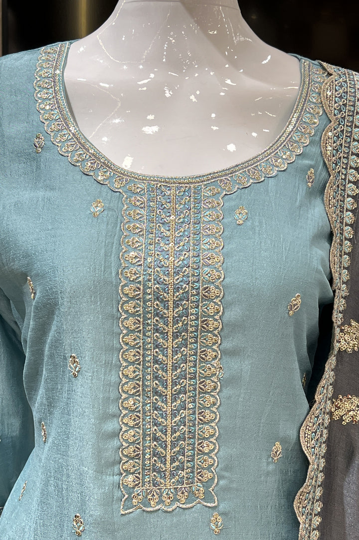 Sea Blue Sequins, Zari and Thread work Straight Cut Salwar Suit