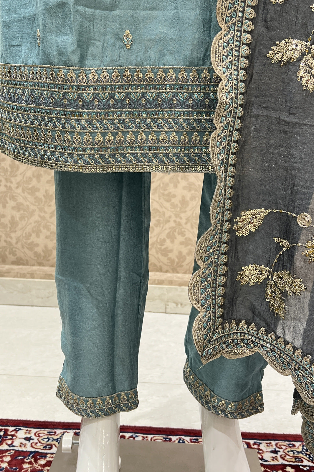 Sea Blue Sequins, Zari and Thread work Straight Cut Salwar Suit