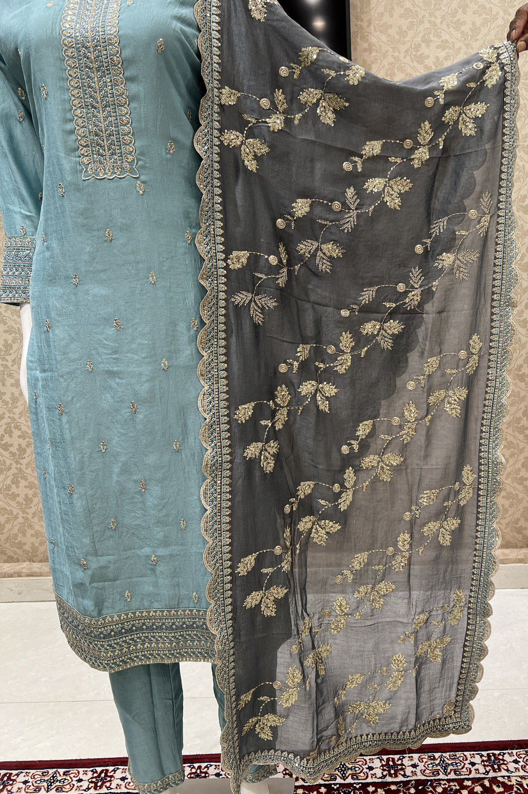 Sea Blue Sequins, Zari and Thread work Straight Cut Salwar Suit