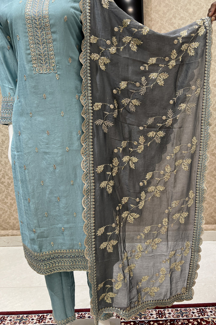 Sea Blue Sequins, Zari and Thread work Straight Cut Salwar Suit