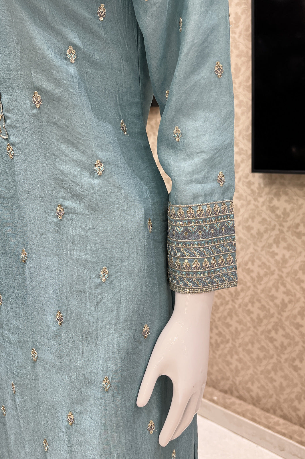 Sea Blue Sequins, Zari and Thread work Straight Cut Salwar Suit