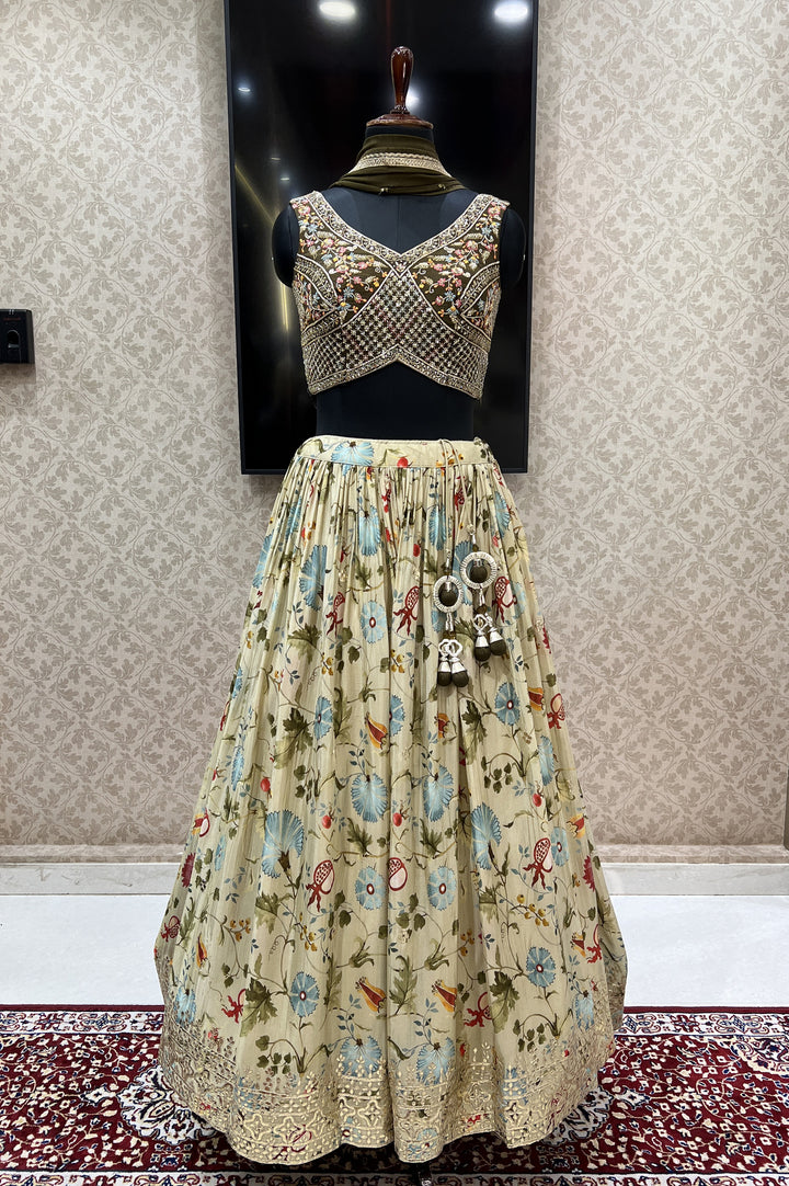 Pista Green with Green Mirror, Sequins and Beads work with Floral Print Crop Top Lehenga