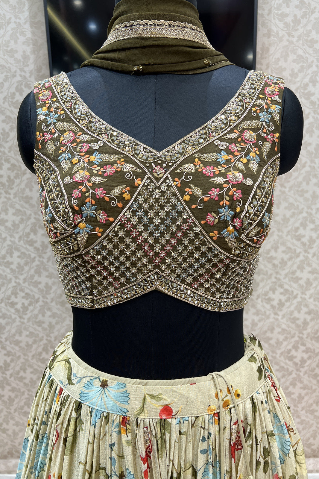 Pista Green with Green Mirror, Sequins and Beads work with Floral Print Crop Top Lehenga