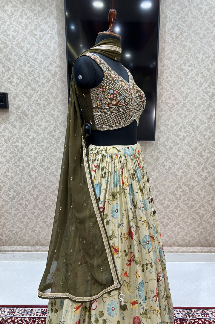 Pista Green with Green Mirror, Sequins and Beads work with Floral Print Crop Top Lehenga