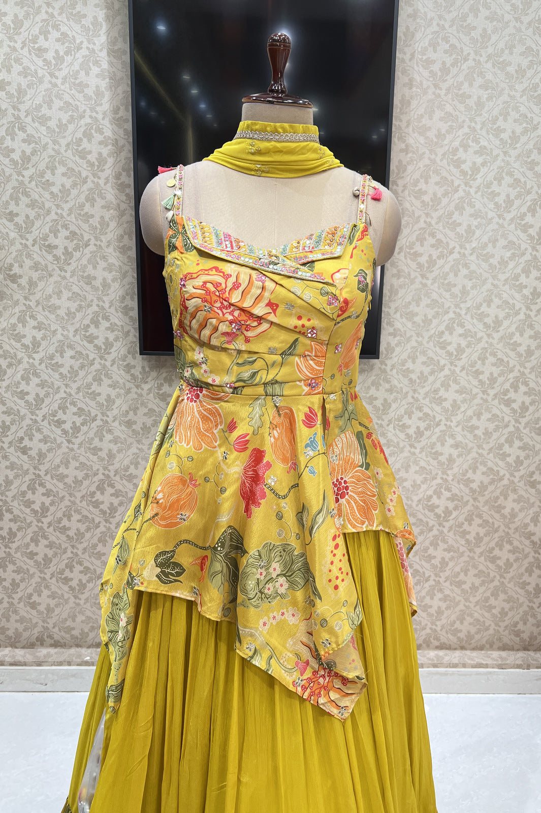 Lemon Yellow Mirror, Stone, Beads and Zardozi work with Digital Print Peplum Style Lehenga