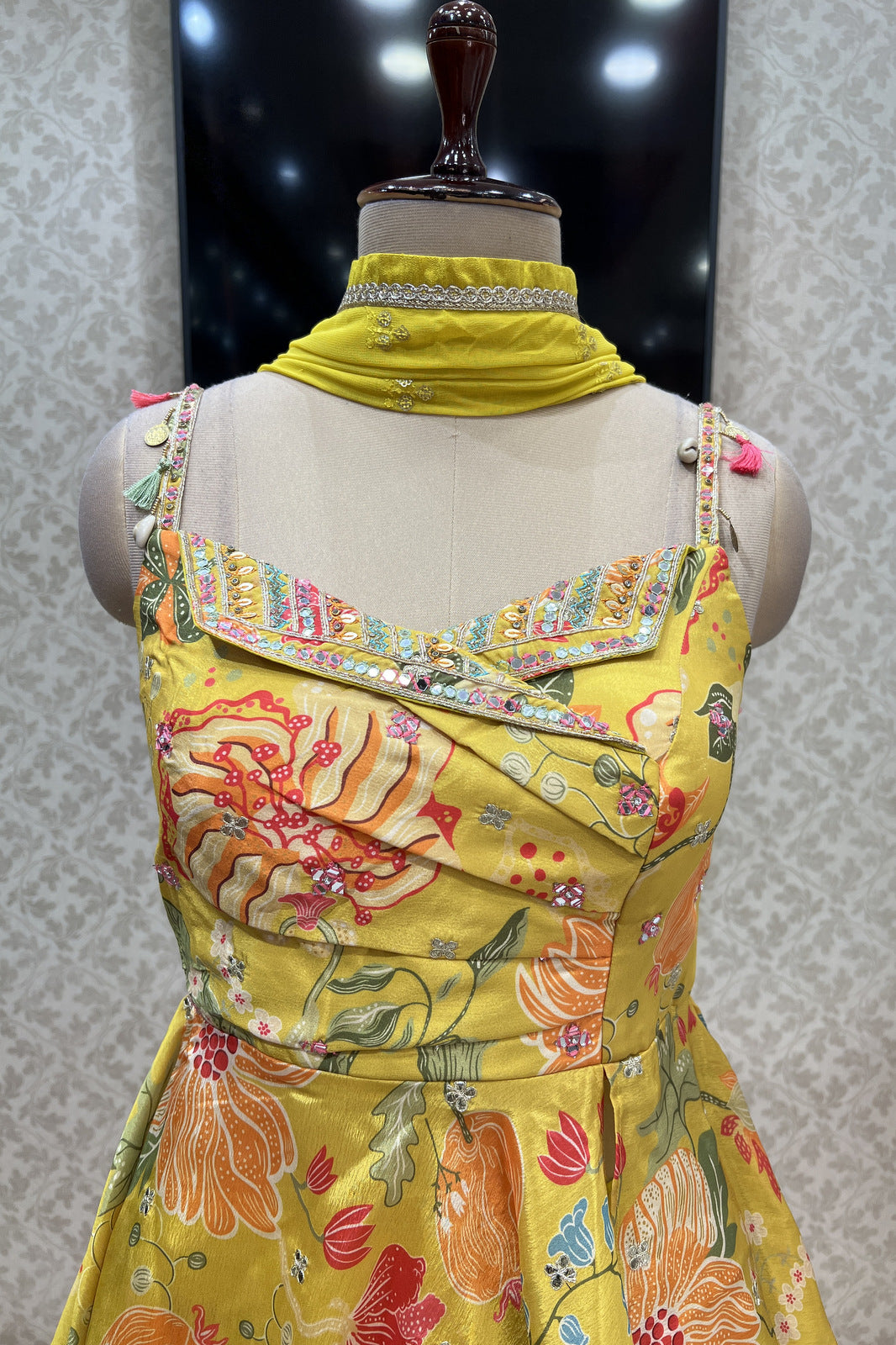 Lemon Yellow Mirror, Stone, Beads and Zardozi work with Digital Print Peplum Style Lehenga