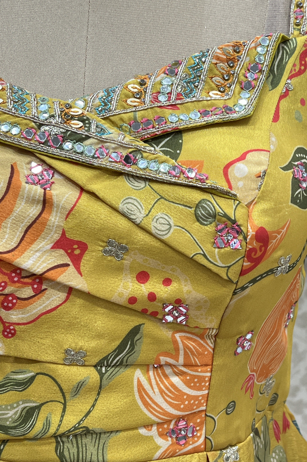 Lemon Yellow Mirror, Stone, Beads and Zardozi work with Digital Print Peplum Style Lehenga