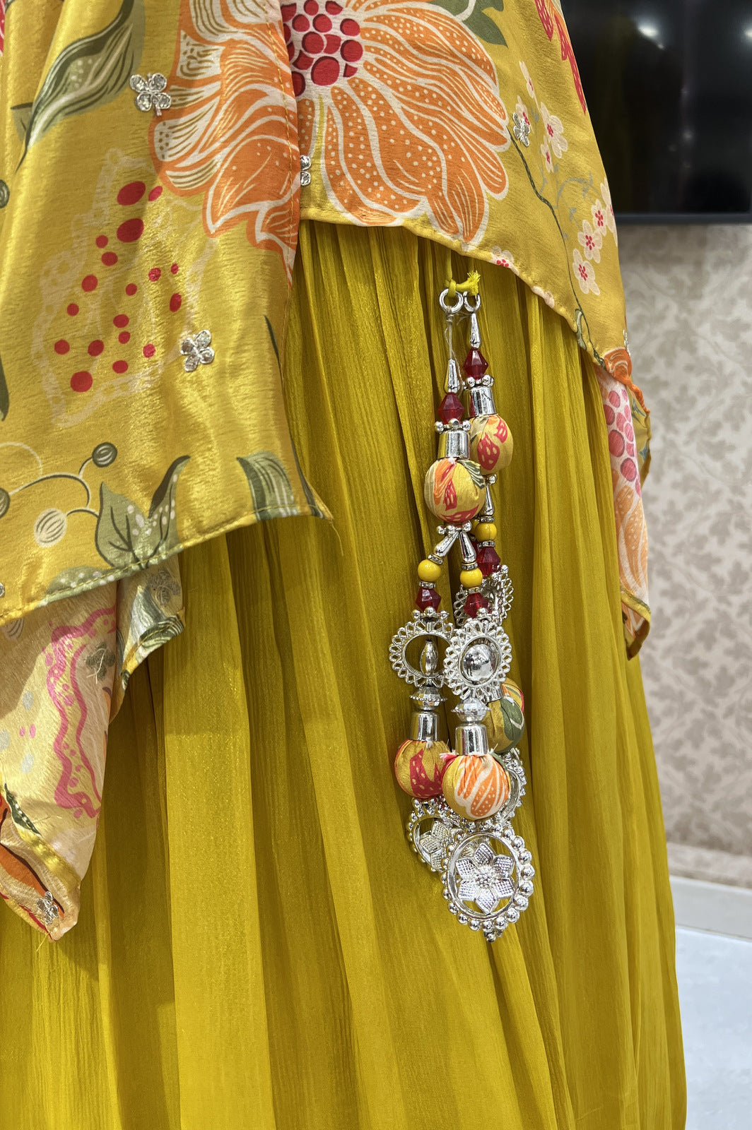 Lemon Yellow Mirror, Stone, Beads and Zardozi work with Digital Print Peplum Style Lehenga