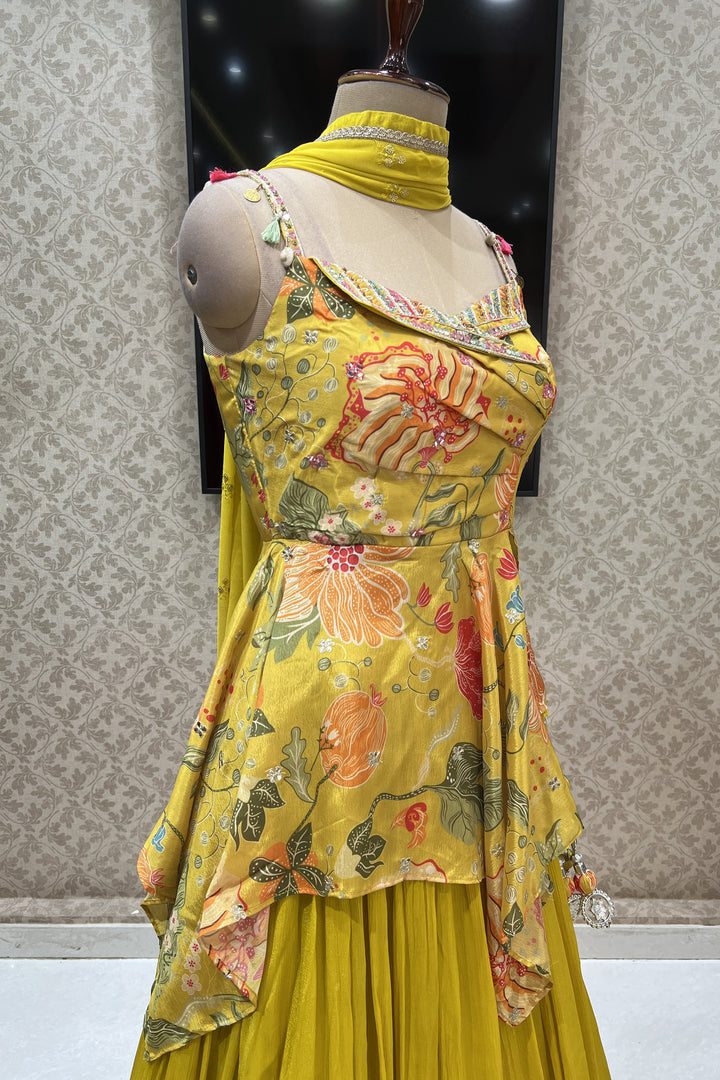 Lemon Yellow Mirror, Stone, Beads and Zardozi work with Digital Print Peplum Style Lehenga