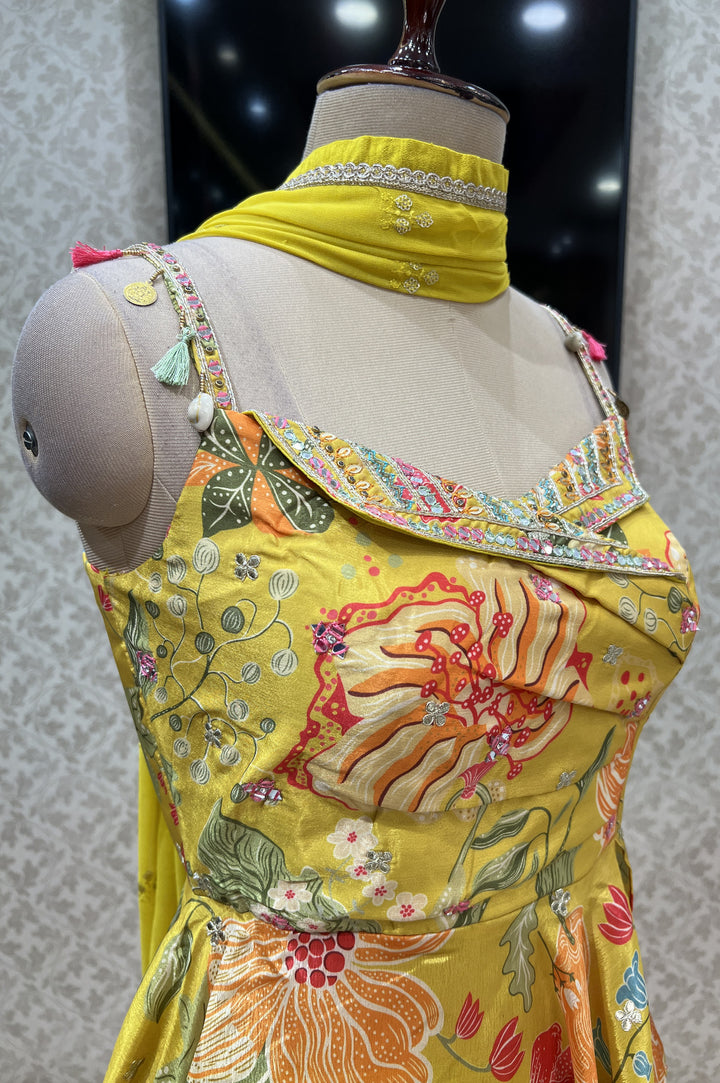 Lemon Yellow Mirror, Stone, Beads and Zardozi work with Digital Print Peplum Style Lehenga