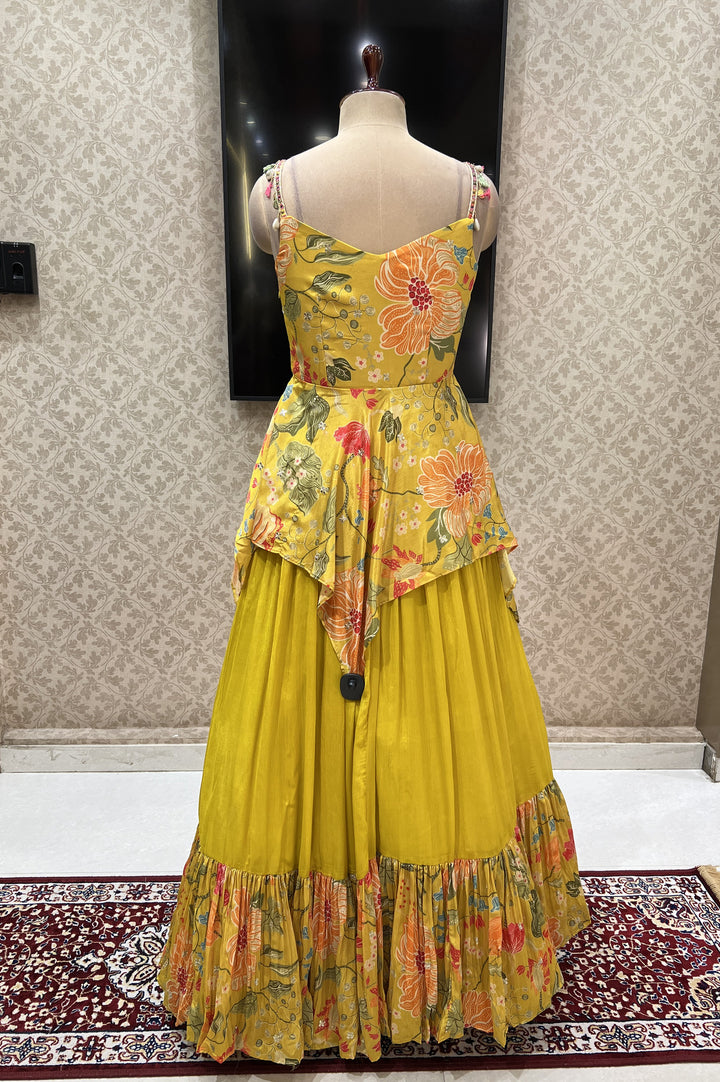 Lemon Yellow Mirror, Stone, Beads and Zardozi work with Digital Print Peplum Style Lehenga