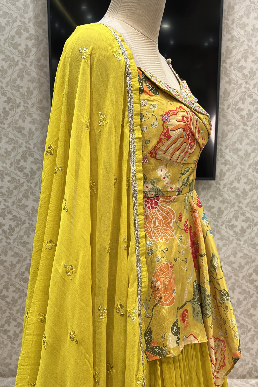 Lemon Yellow Mirror, Stone, Beads and Zardozi work with Digital Print Peplum Style Lehenga