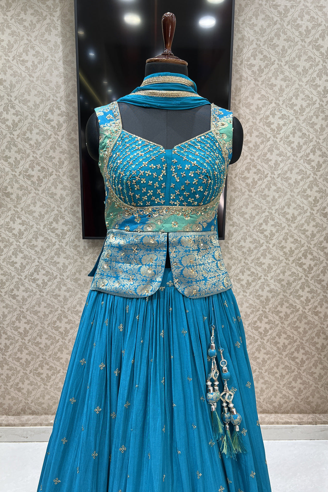 Rama Blue Banaras, Stone, Sequins, Mirror, Zari and Zardozi work Peplum Style Lehenga