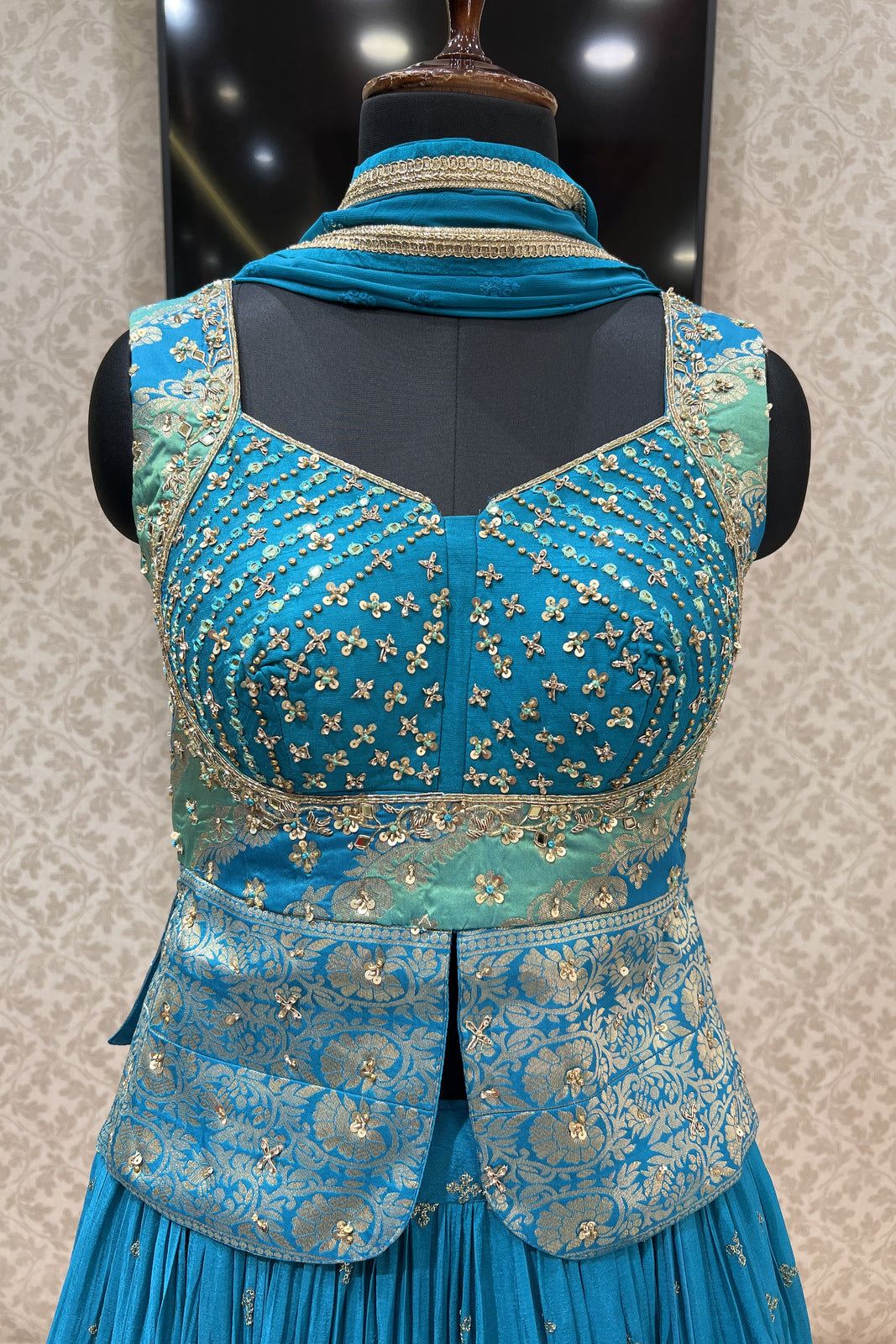 Rama Blue Banaras, Stone, Sequins, Mirror, Zari and Zardozi work Peplum Style Lehenga