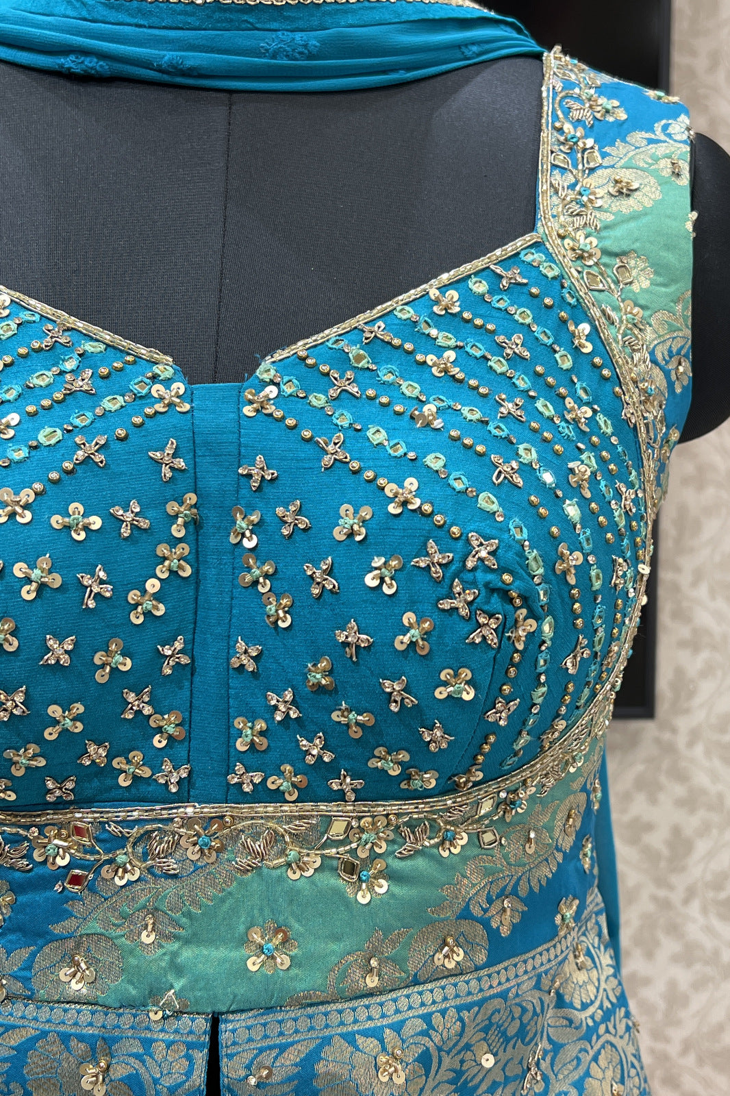 Rama Blue Banaras, Stone, Sequins, Mirror, Zari and Zardozi work Peplum Style Lehenga