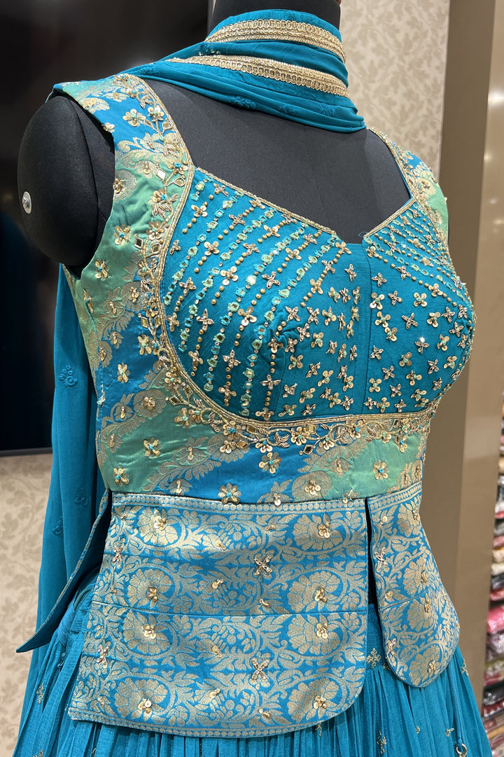 Rama Blue Banaras, Stone, Sequins, Mirror, Zari and Zardozi work Peplum Style Lehenga