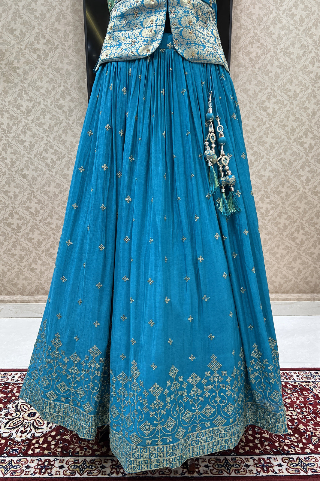 Rama Blue Banaras, Stone, Sequins, Mirror, Zari and Zardozi work Peplum Style Lehenga