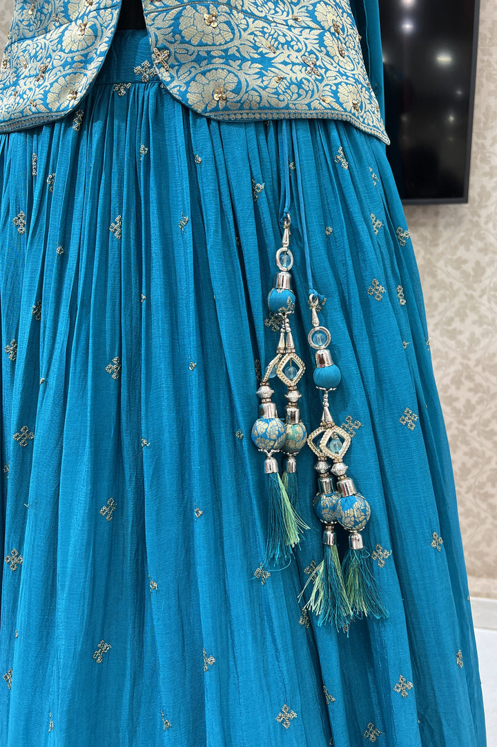 Rama Blue Banaras, Stone, Sequins, Mirror, Zari and Zardozi work Peplum Style Lehenga