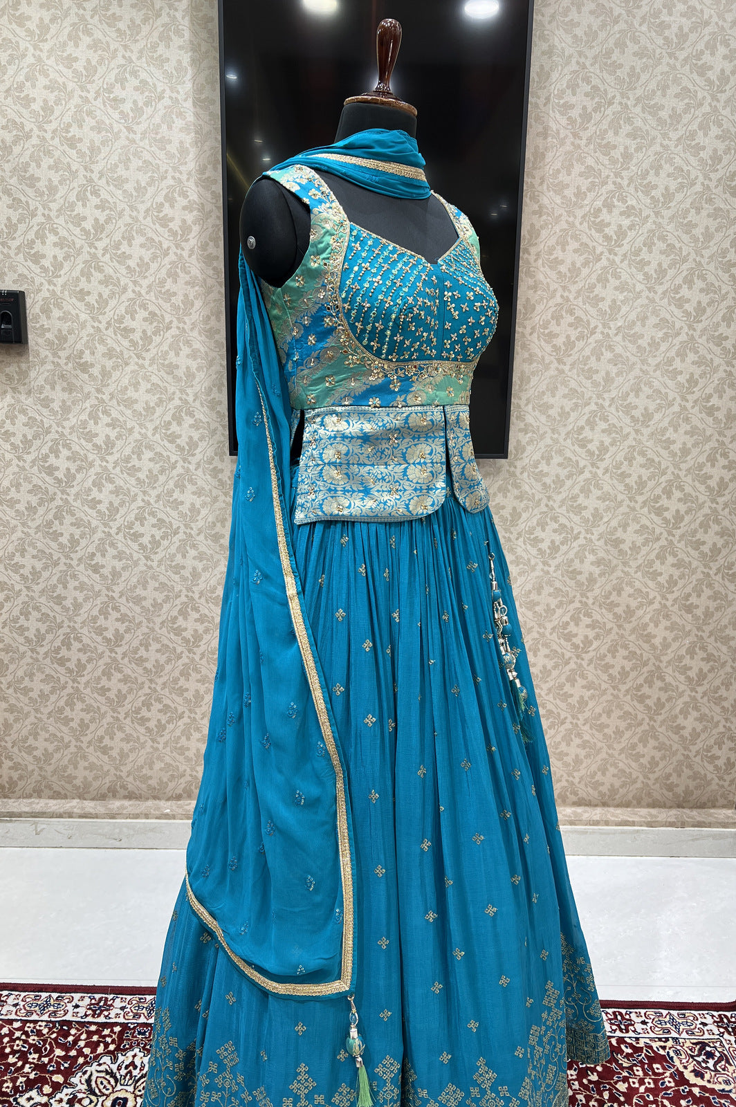 Rama Blue Banaras, Stone, Sequins, Mirror, Zari and Zardozi work Peplum Style Lehenga