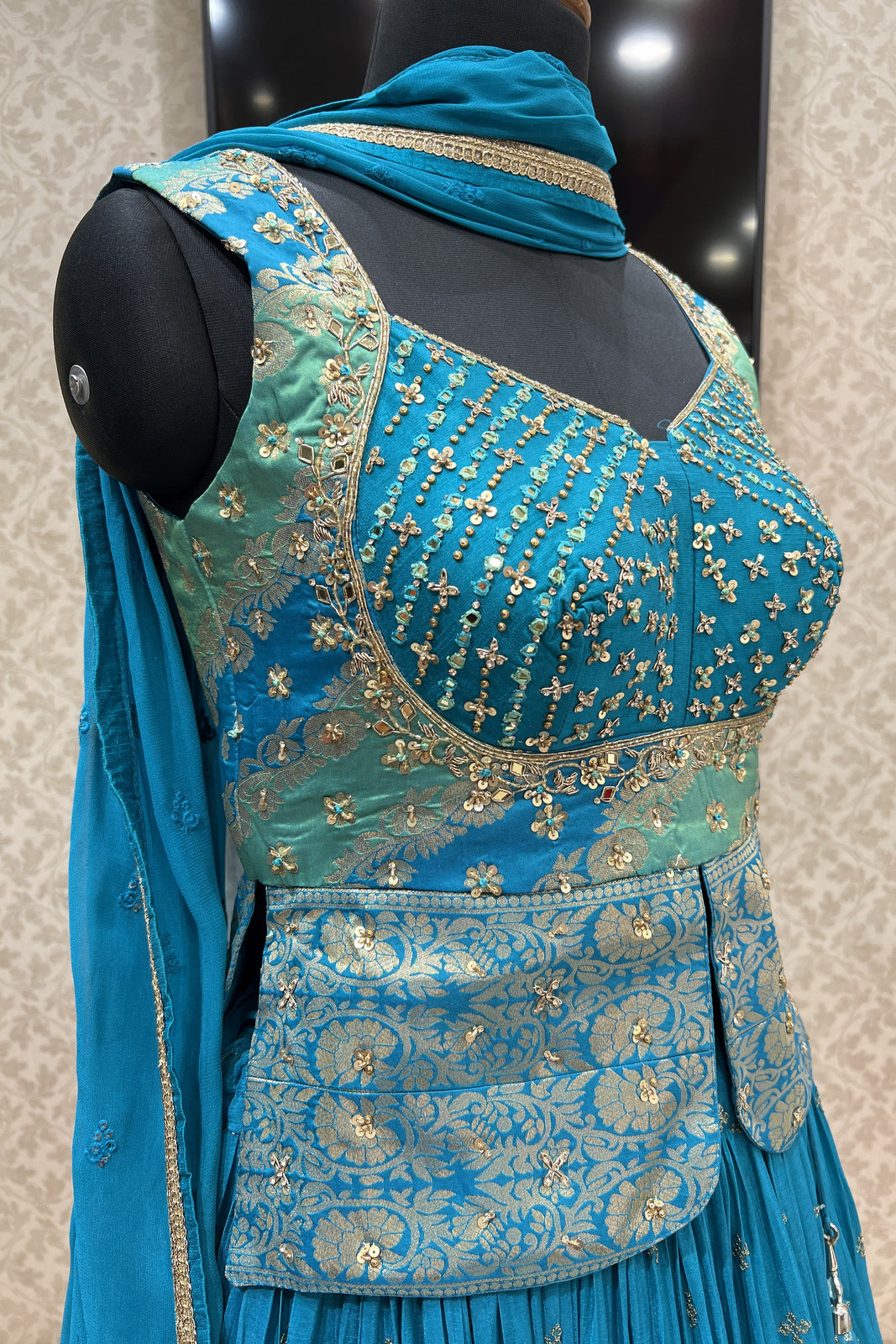 Rama Blue Banaras, Stone, Sequins, Mirror, Zari and Zardozi work Peplum Style Lehenga