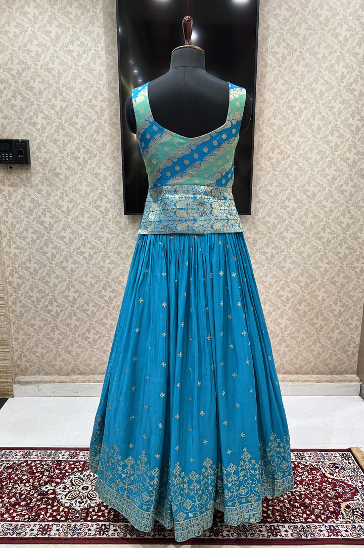 Rama Blue Banaras, Stone, Sequins, Mirror, Zari and Zardozi work Peplum Style Lehenga