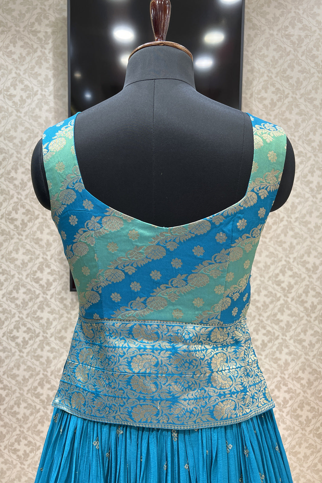 Rama Blue Banaras, Stone, Sequins, Mirror, Zari and Zardozi work Peplum Style Lehenga